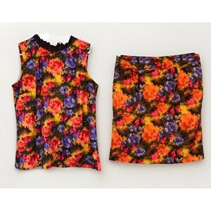 Silk Cotton 2 PC Set Artsy Floral Knee Skirt 10 & Ruffle High Neck Tank Top‎ LG
